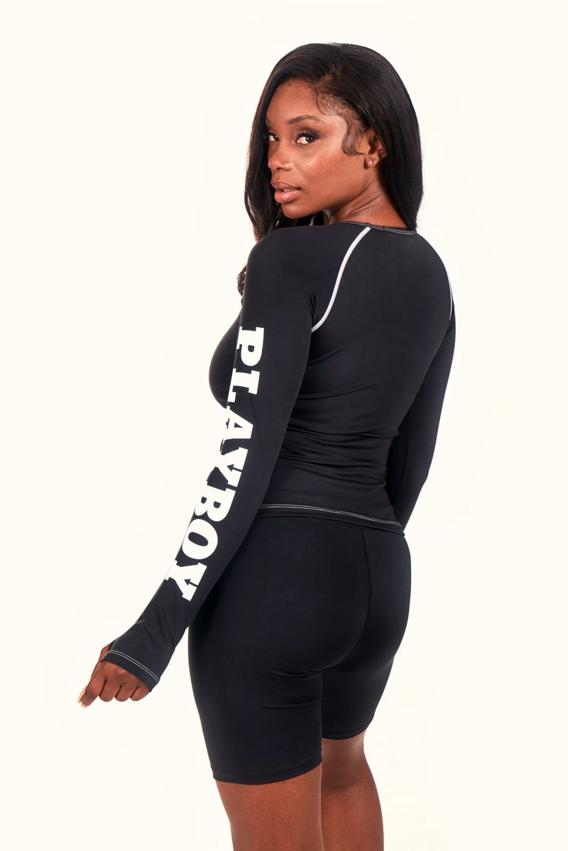 Playboy Active Branded Long Sleeve Women's Tank Black | 768091OIK