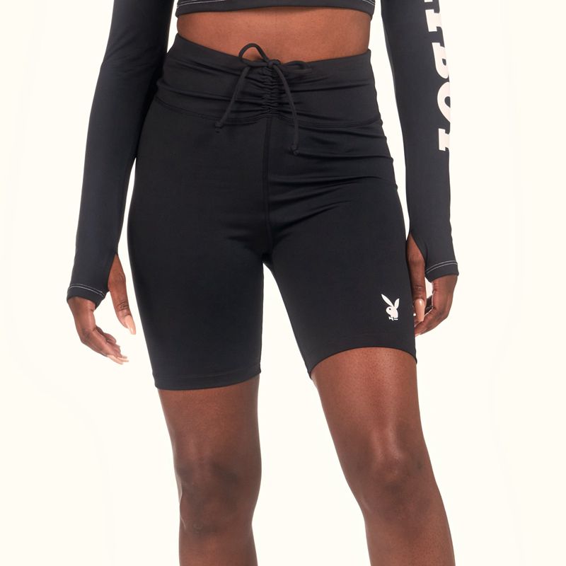 Playboy Active Tie Ruched Bikes Women's Shorts Black | 340795SYW