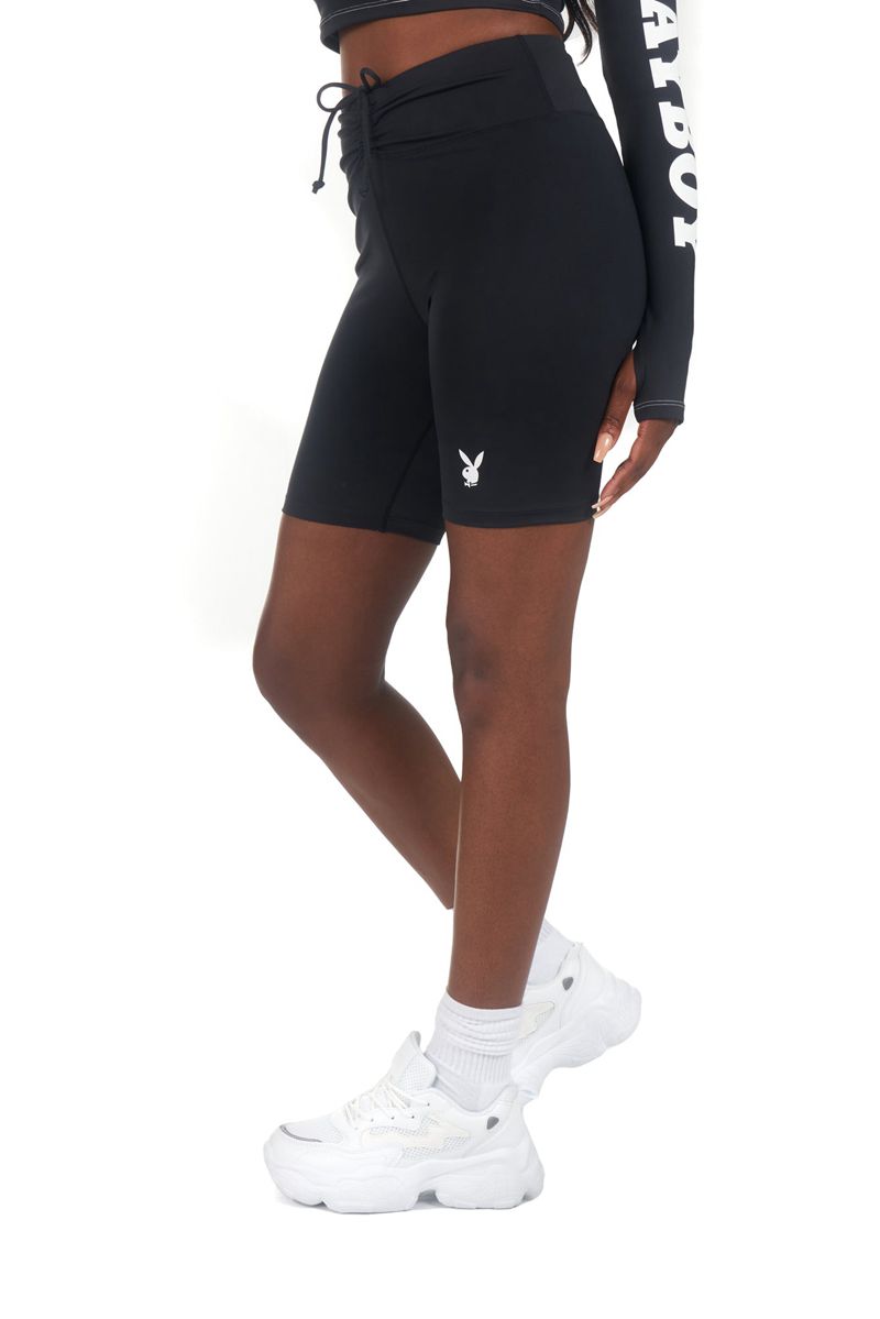 Playboy Active Tie Ruched Bikes Women's Shorts Black | 340795SYW