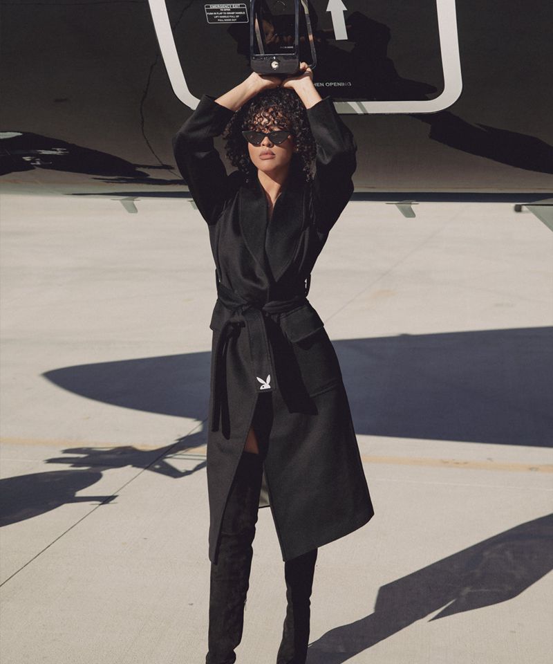 Playboy Belted Long Wool Robe Coat Women's Jackets Black | 157608KFP