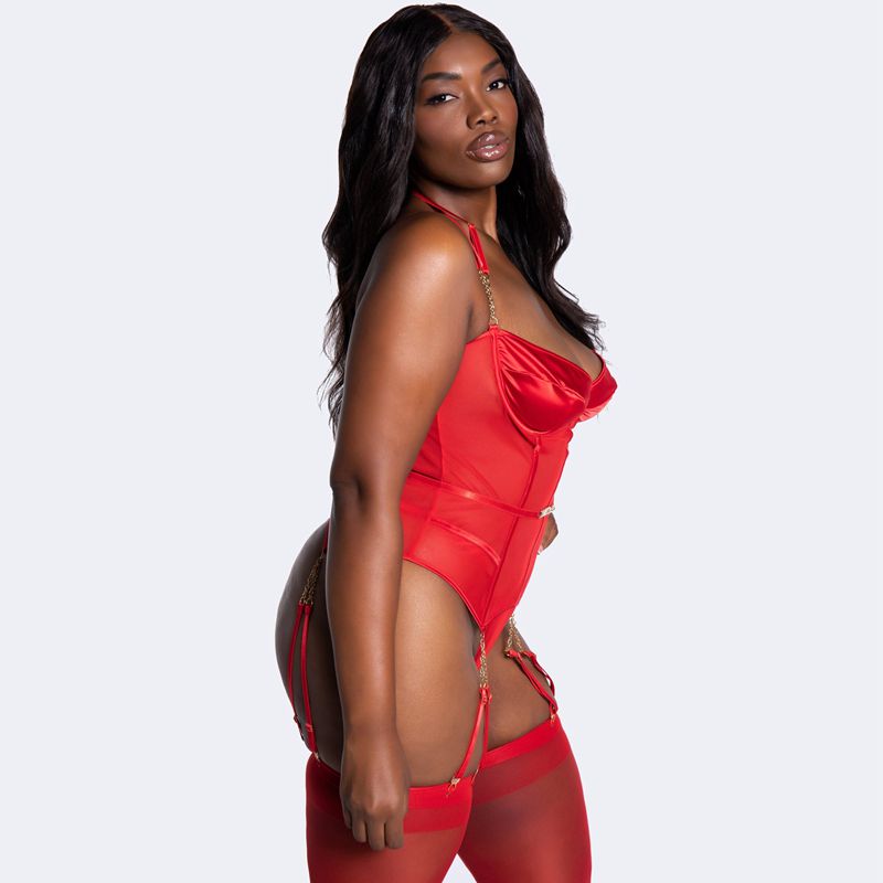 Playboy Chain Is Love Bustier Set Women's Lingerie Red | 653029HOZ