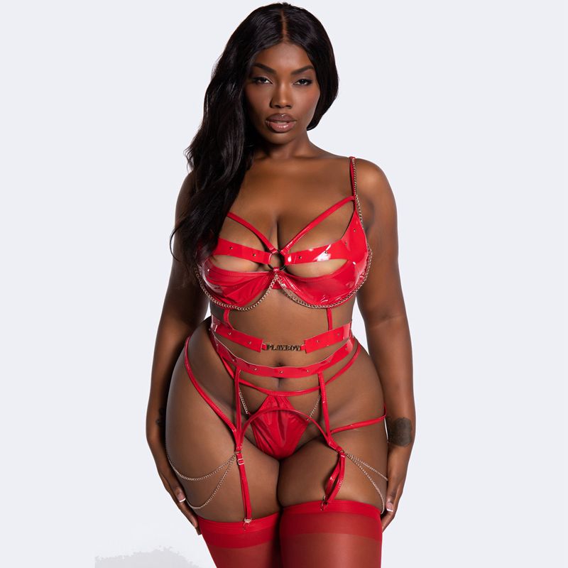 Playboy Chain Of Command Bra Set Women\'s Lingerie Red | 578123TLI