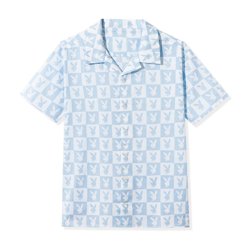 Playboy Checker Rabbit Head Button Down Men's Shirts Blue | 568471BCA