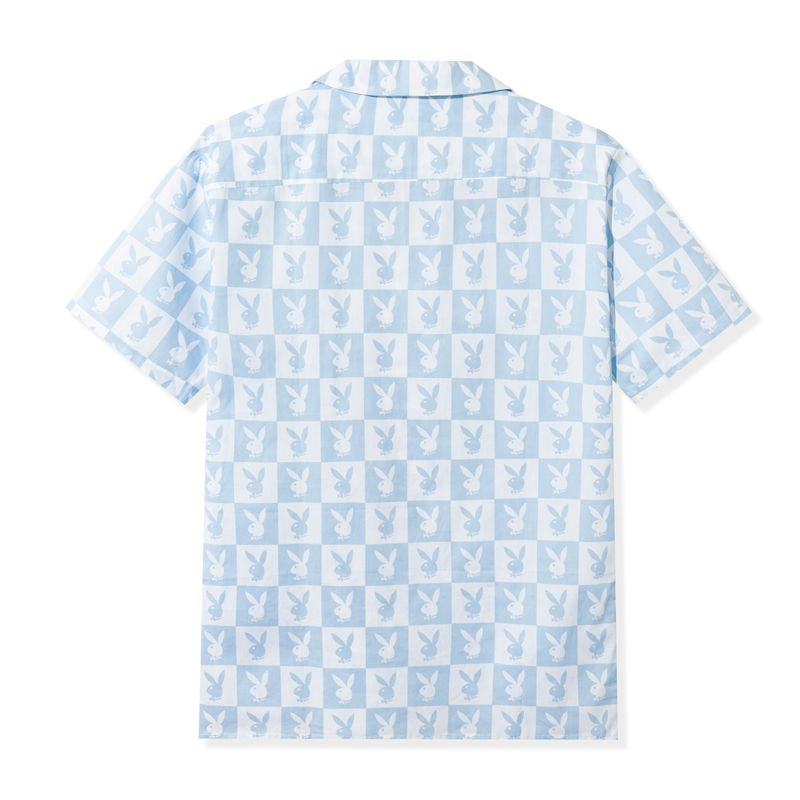 Playboy Checker Rabbit Head Button Down Men's Shirts Blue | 568471BCA