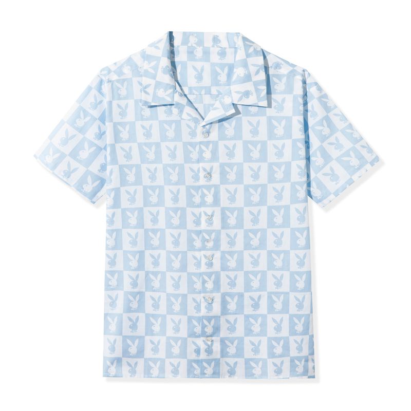 Playboy Checker Rabbit Head Button Down Men\'s Shirts Blue | 568471BCA