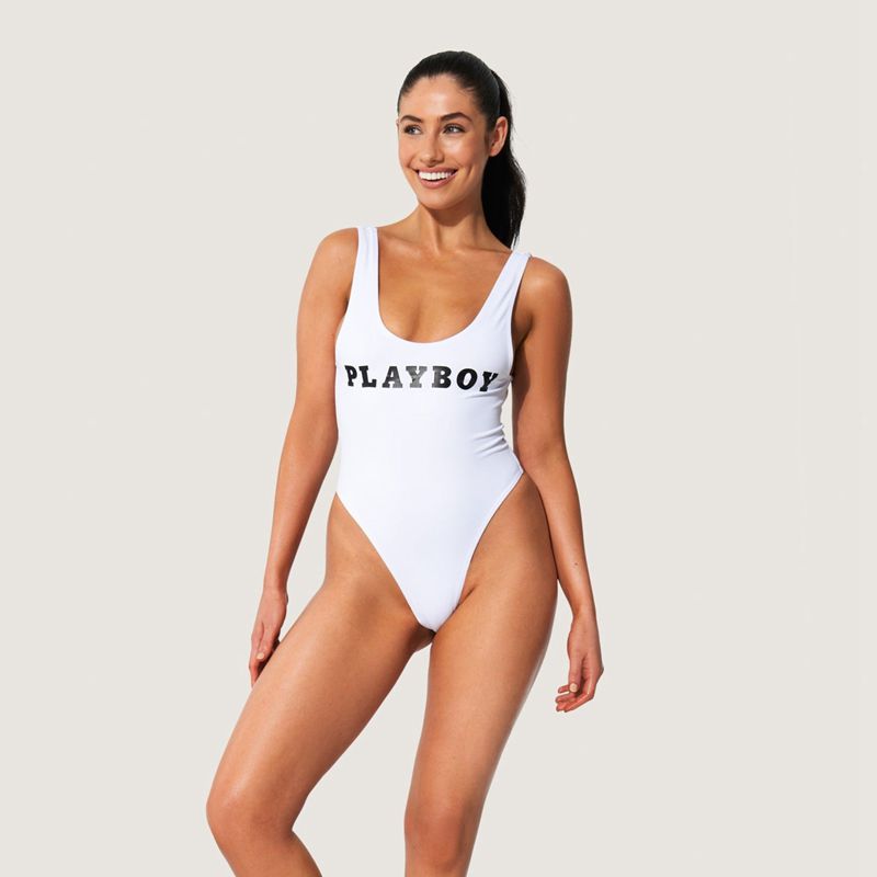 Playboy Classic Masthead One Piece Women\'s Swimwear White | 463197BYL