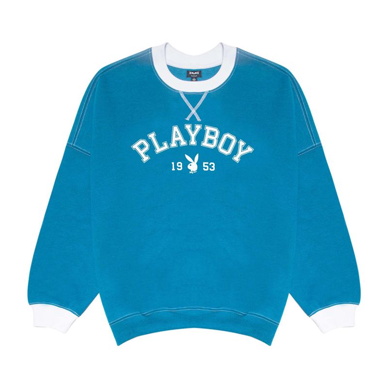 Playboy Contrast 1953 Crewneck Women\'s Hoodie Blue | 189672ZJB