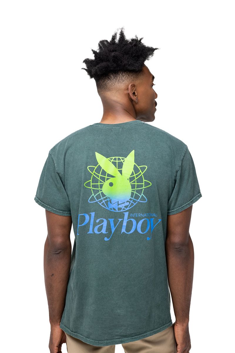 Playboy Contrast Pocket Tee Women's T Shirts Black / Green | 094178VFP