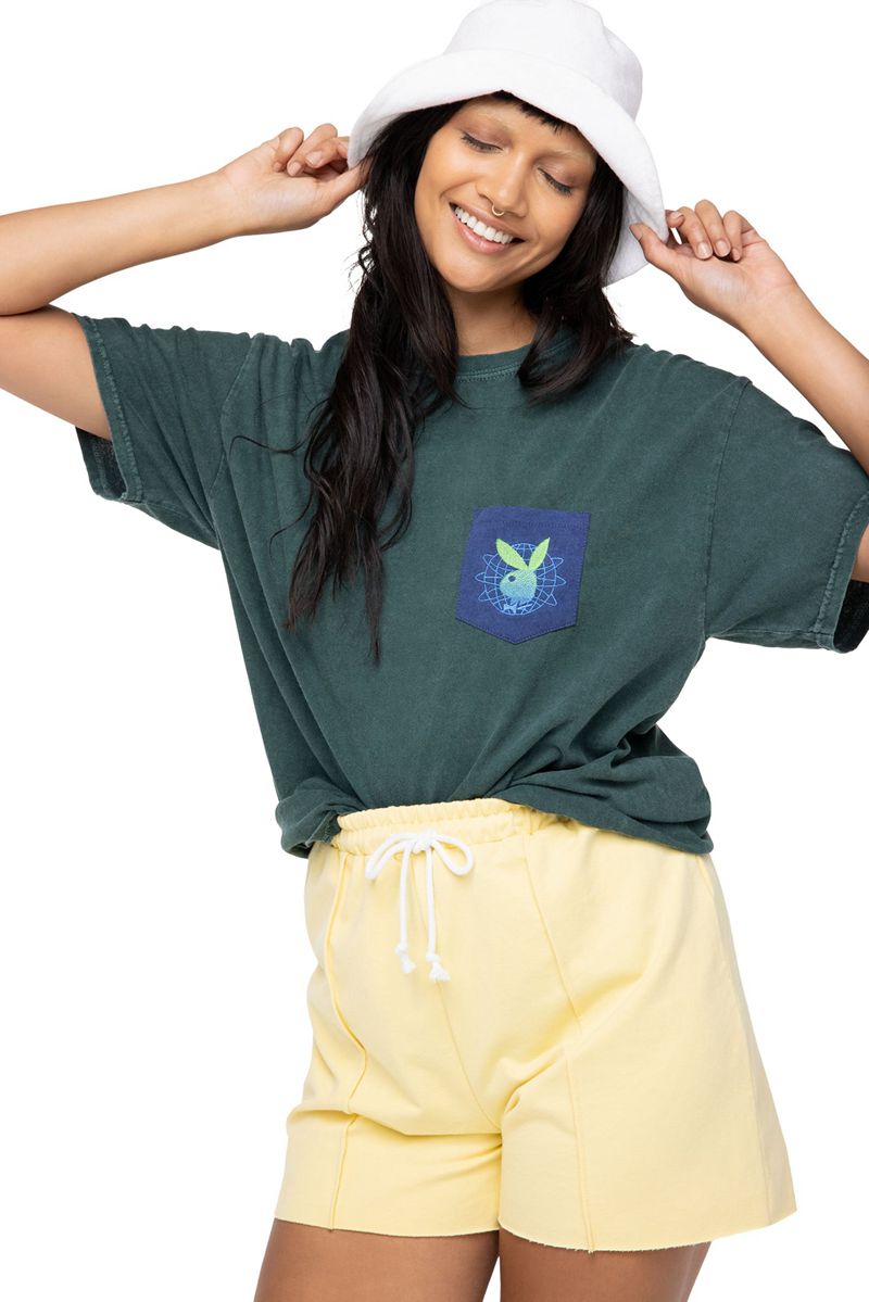 Playboy Contrast Pocket Tee Women's T Shirts Black / Green | 094178VFP