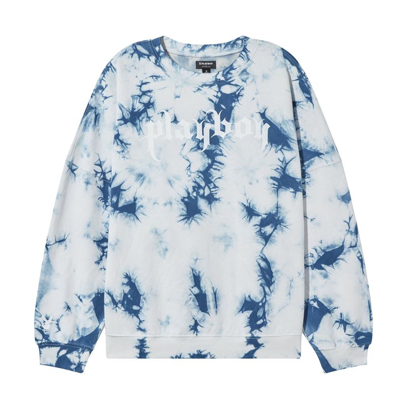 Playboy Crystal Tie-Dye Crewneck Women\'s Hoodie Blue | 074531BNE