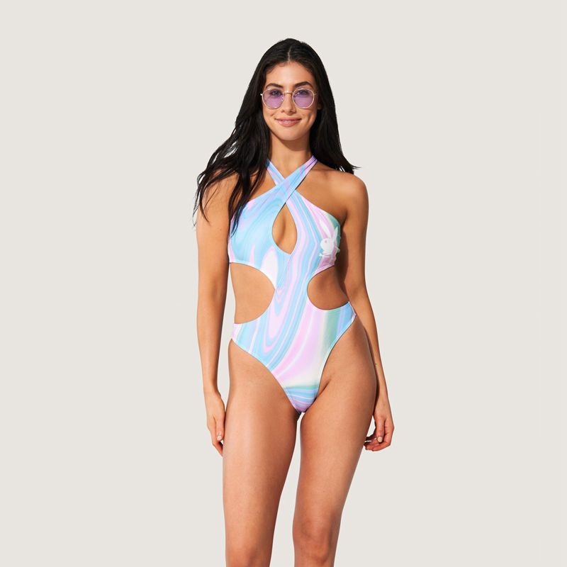 Playboy Cut Out Cross Halter One Piece Women\'s Swimwear Multicolor | 360547BLC