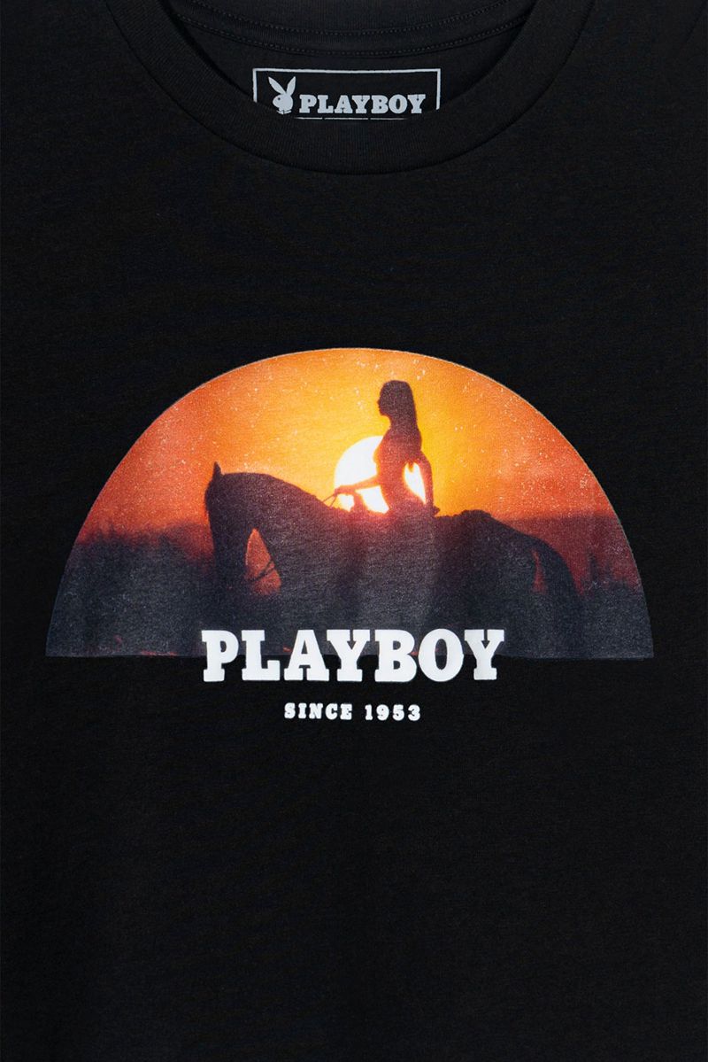 Playboy December 1972 Playmate Mercy Rooney Sunset Rider Women's T Shirts Black | 925836GAY