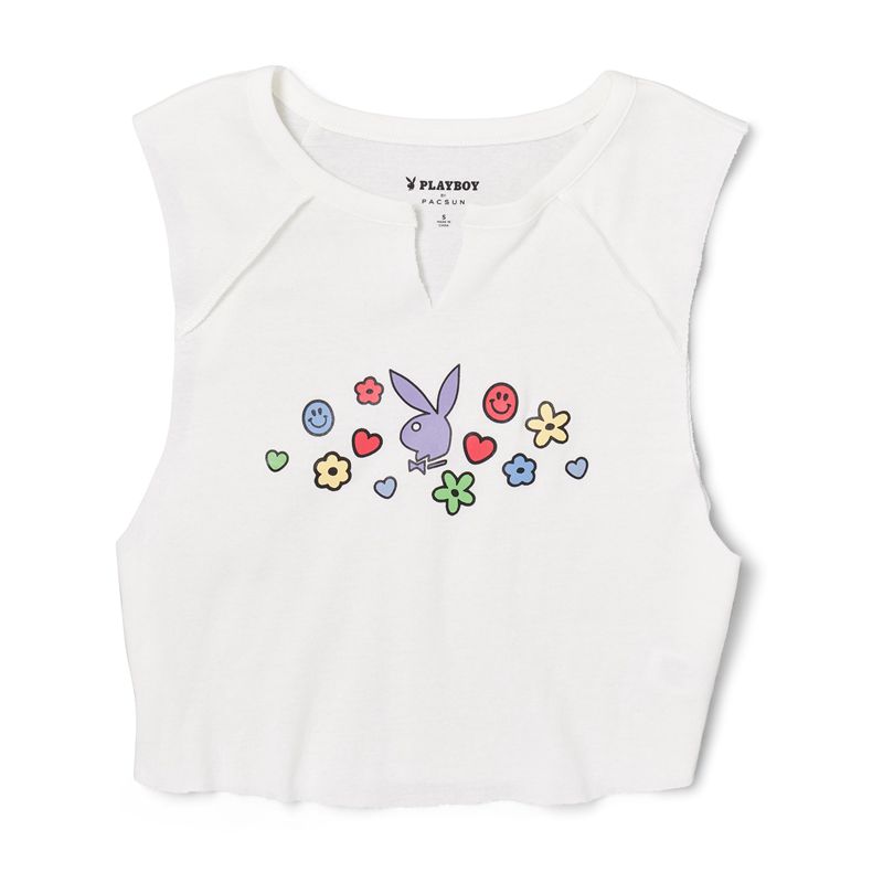 Playboy Doodle Notched Raglan Women\'s Tank White | 523784BQV