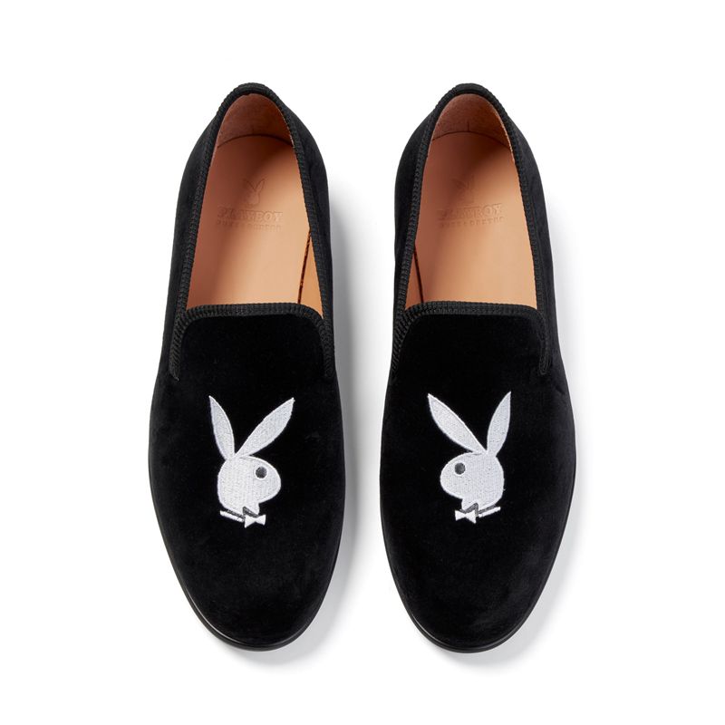 Playboy Duke + Dexter Velvet Bunny Loafers Men's Shoes Black / White | 294083UYG