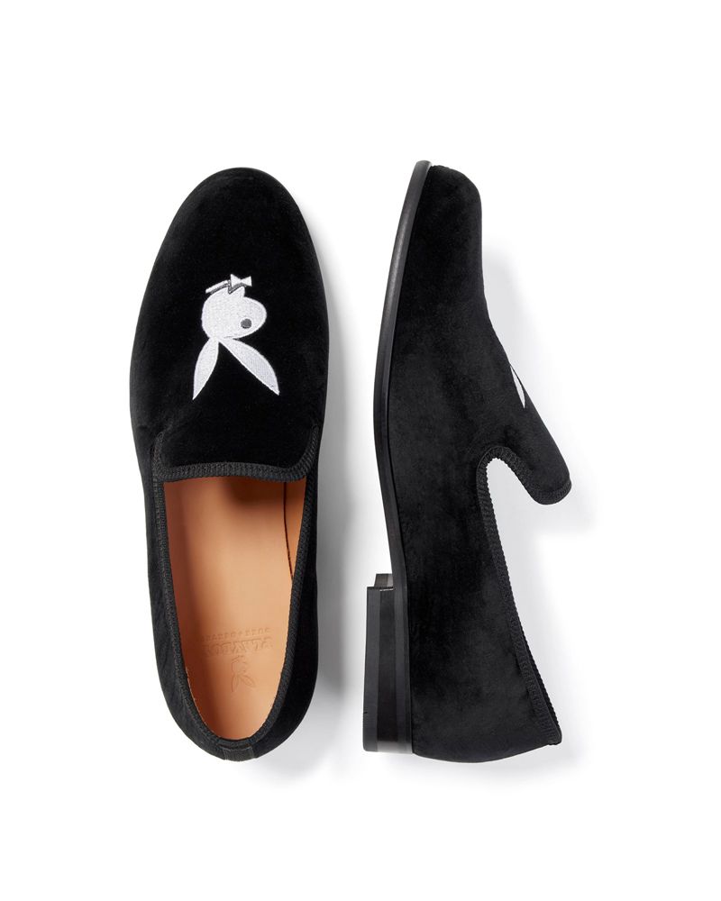 Playboy Duke + Dexter Velvet Bunny Loafers Men's Shoes Black / White | 294083UYG