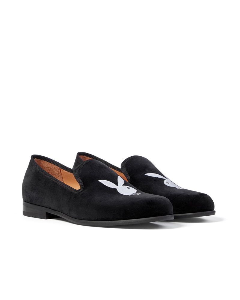 Playboy Duke + Dexter Velvet Bunny Loafers Men's Shoes Black / White | 294083UYG