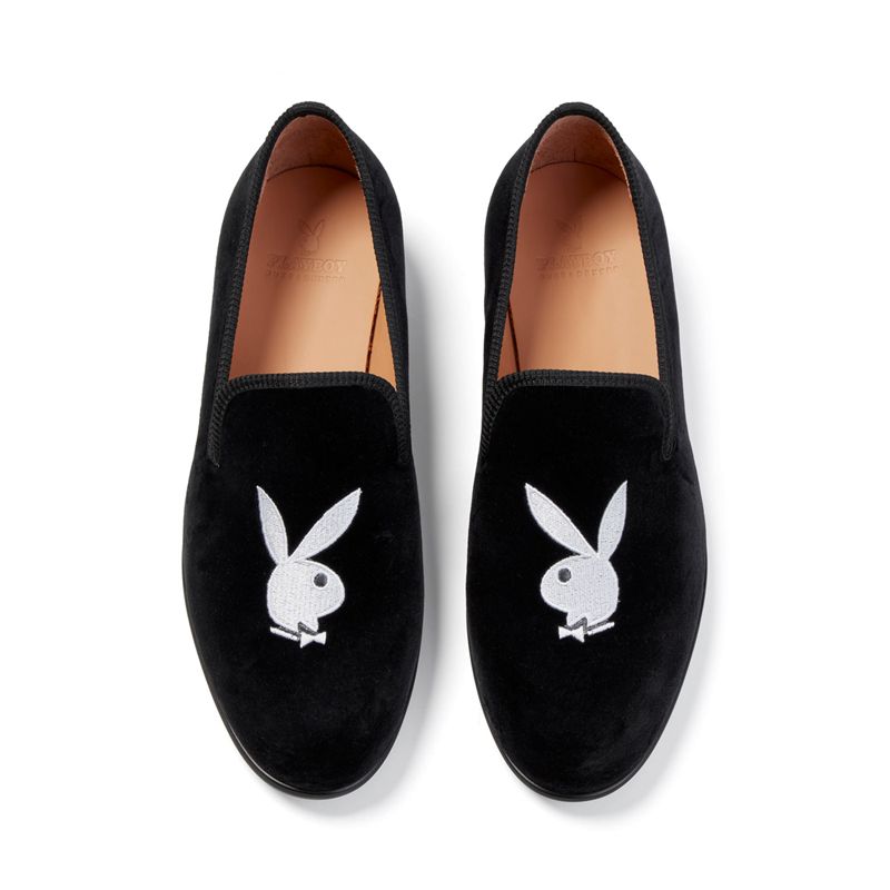 Playboy Duke + Dexter Velvet Bunny Loafers Men\'s Shoes Black / White | 294083UYG