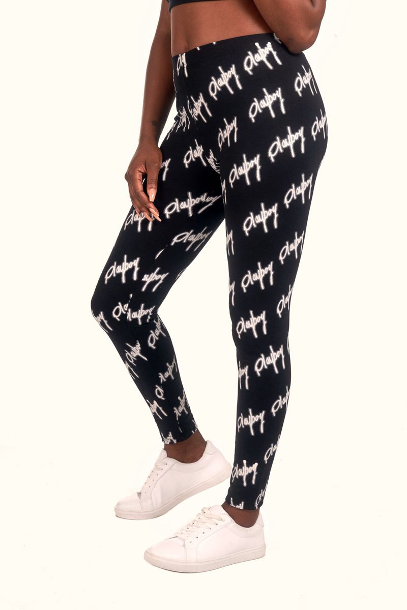 Playboy Graffiti Script Legging Women's Pants Black / White | 798360CBR