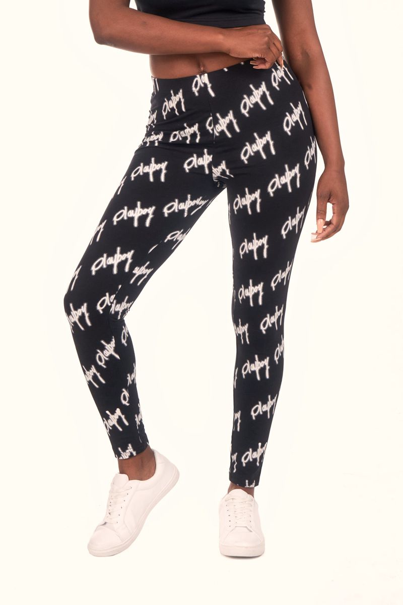 Playboy Graffiti Script Legging Women's Pants Black / White | 798360CBR