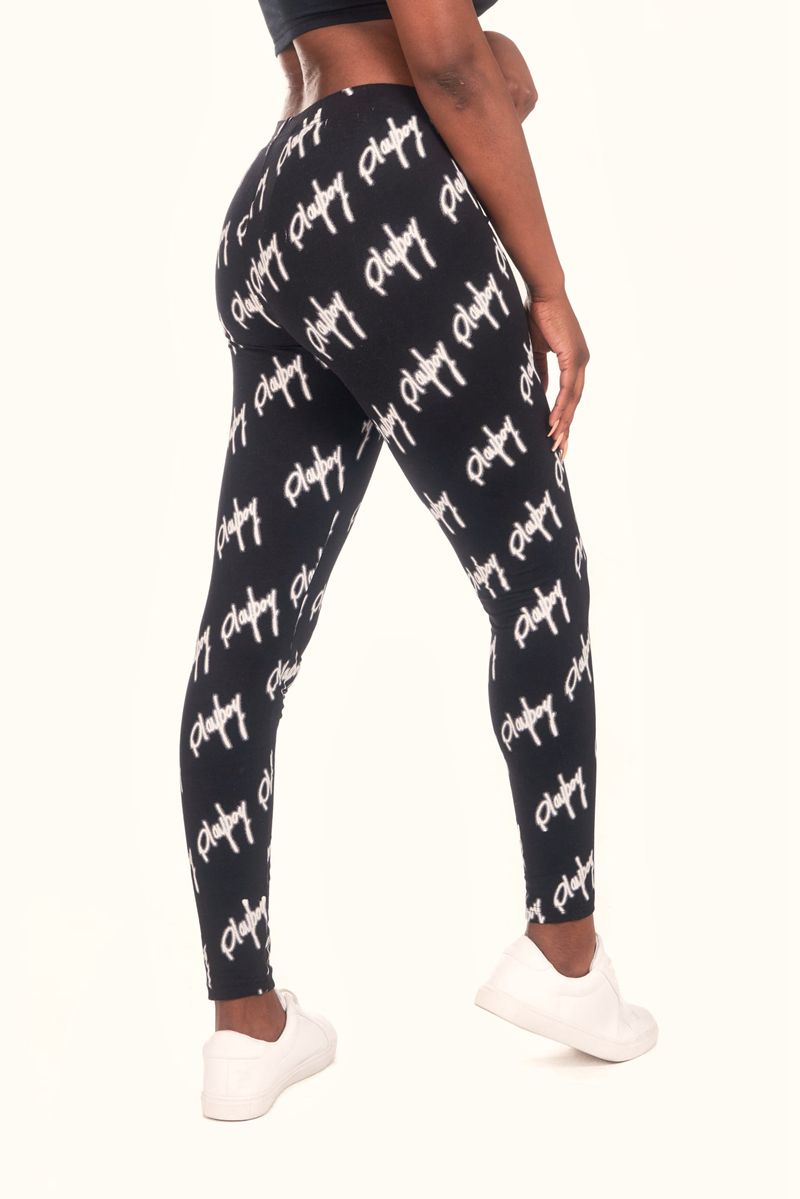 Playboy Graffiti Script Legging Women's Pants Black / White | 798360CBR