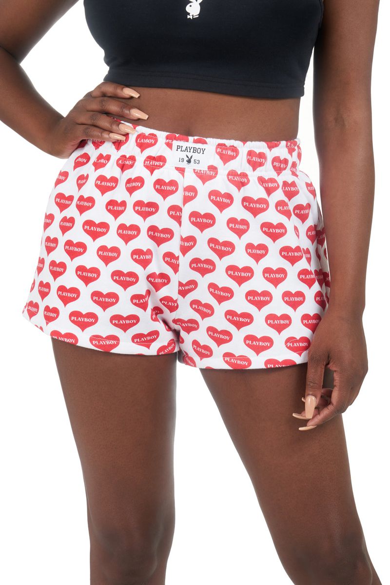 Playboy Heart Lounge Boxers Women's Shorts Red / White | 846539QPC