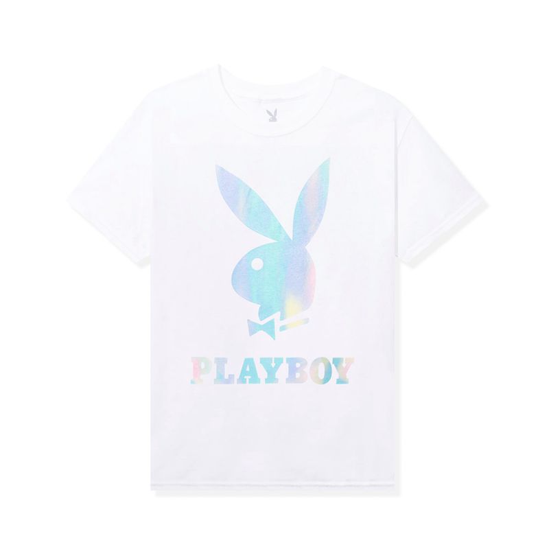 Playboy Holographic Logo Tee Women\'s T Shirts White / Blue | 249185ZYE