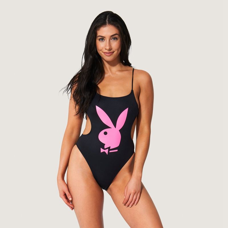 Playboy Lace Up Back Bunny One Piece Women's Swimwear Black / White | 437210SEJ