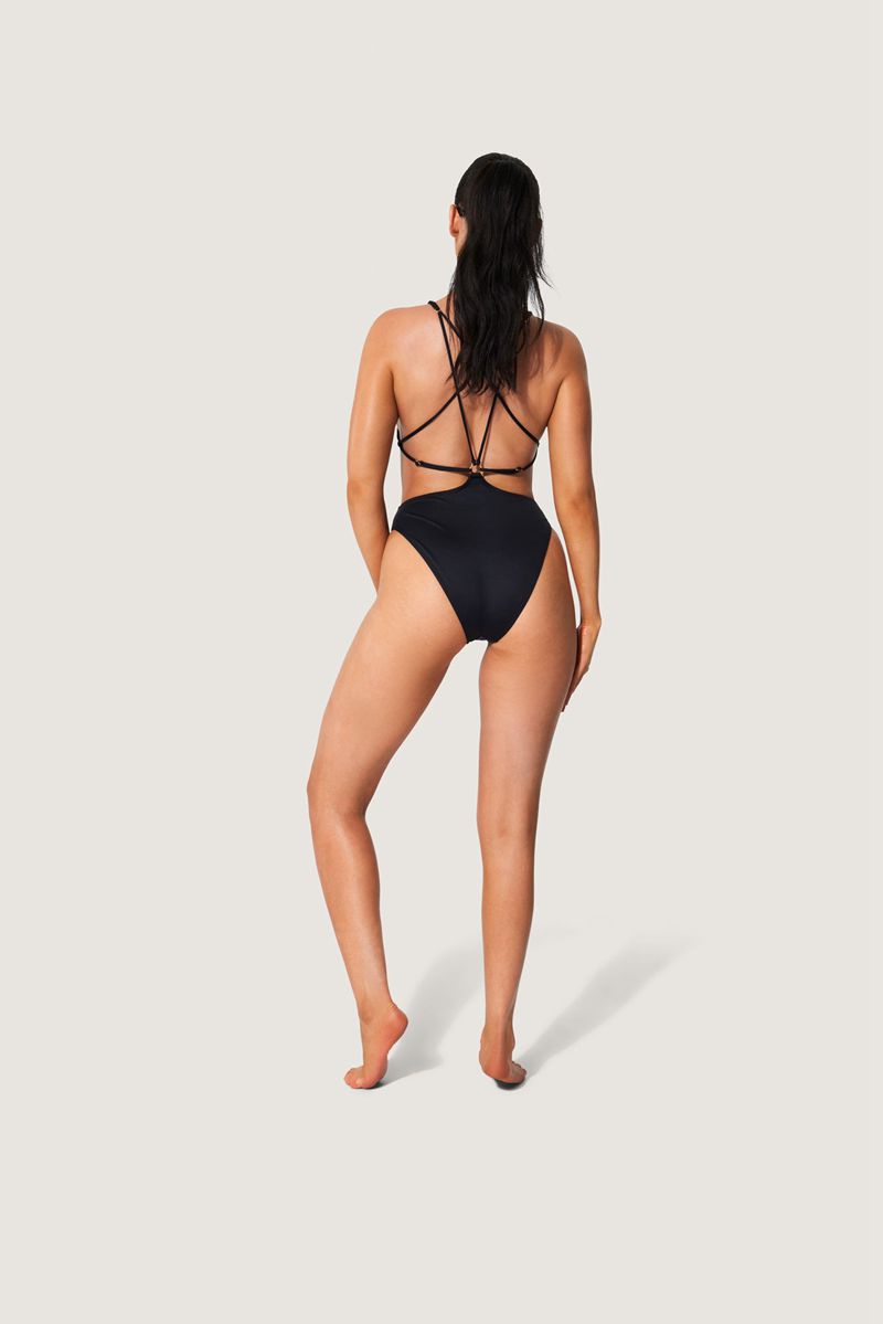 Playboy Lace Up Back Bunny One Piece Women's Swimwear Black / White | 437210SEJ