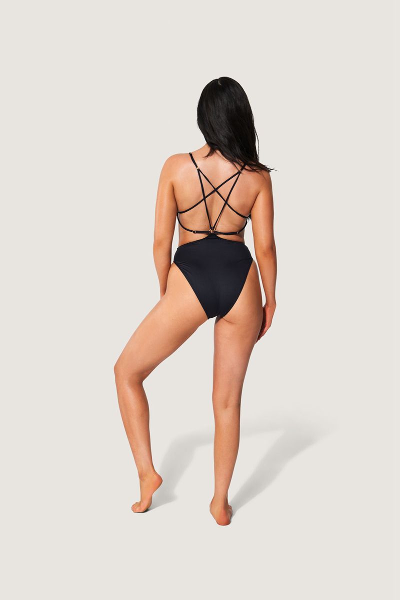 Playboy Lace Up Back Bunny One Piece Women's Swimwear Black / White | 437210SEJ