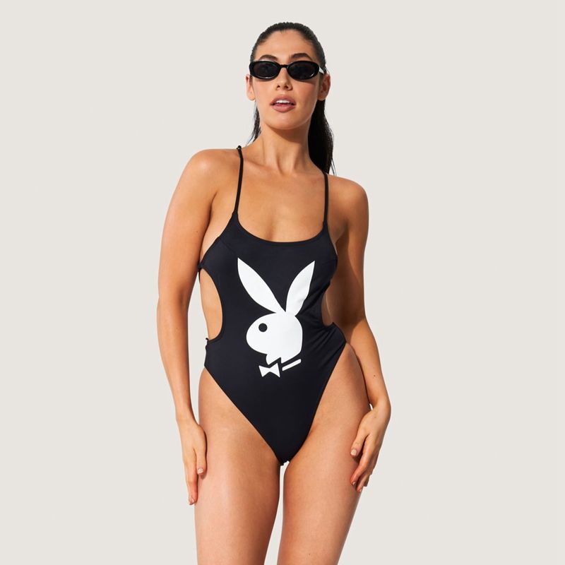 Playboy Lace Up Back Bunny One Piece Women\'s Swimwear Black / White | 437210SEJ