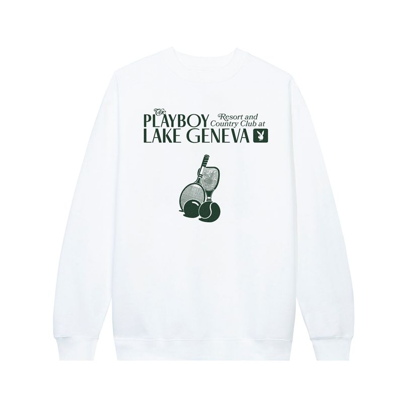 Playboy Lake Geneva Tennis Club Crewneck Sweat Men's Hoodie White | 213869KZG