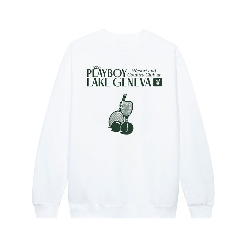 Playboy Lake Geneva Tennis Club Crewneck Sweat Men\'s Hoodie White | 213869KZG