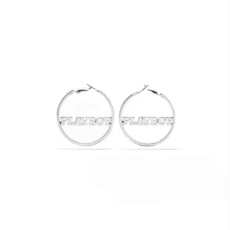 Playboy Masthead Nameplate Hoop Earrings Women\'s Jewelry Silver | 174093ROM