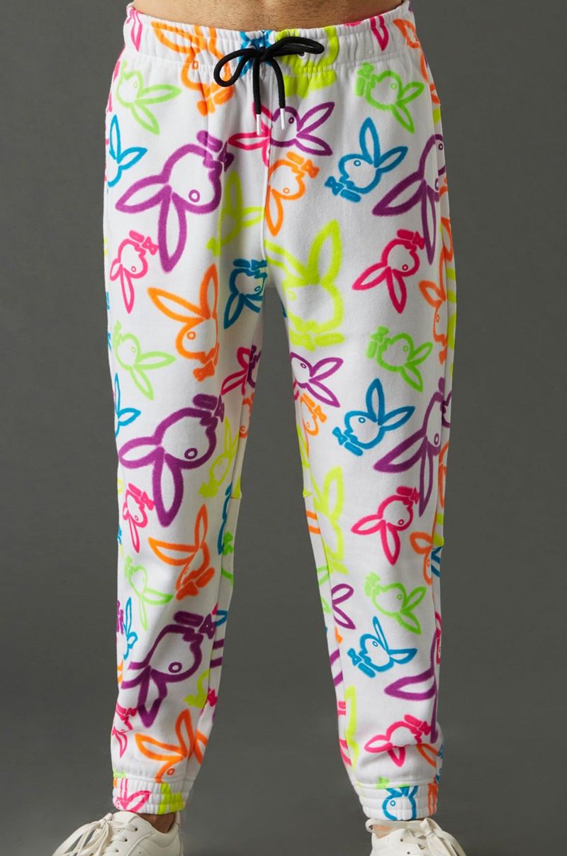 Playboy Neon Bunny Print Jogger Men's Sweatpants White | 513406GJF