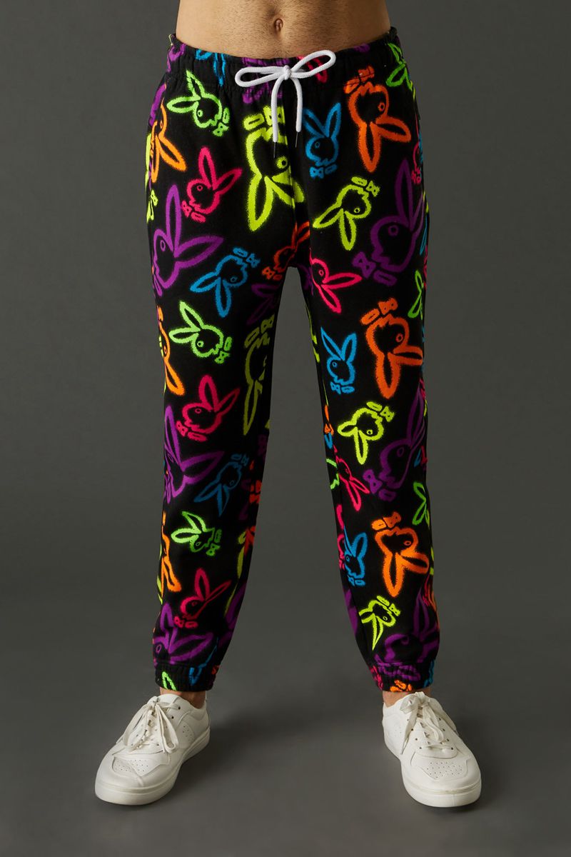 Playboy Neon Bunny Print Jogger Men's Sweatpants White | 513406GJF