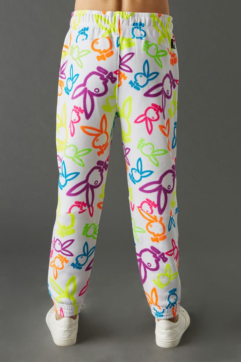 Playboy Neon Bunny Print Jogger Men's Sweatpants White | 513406GJF