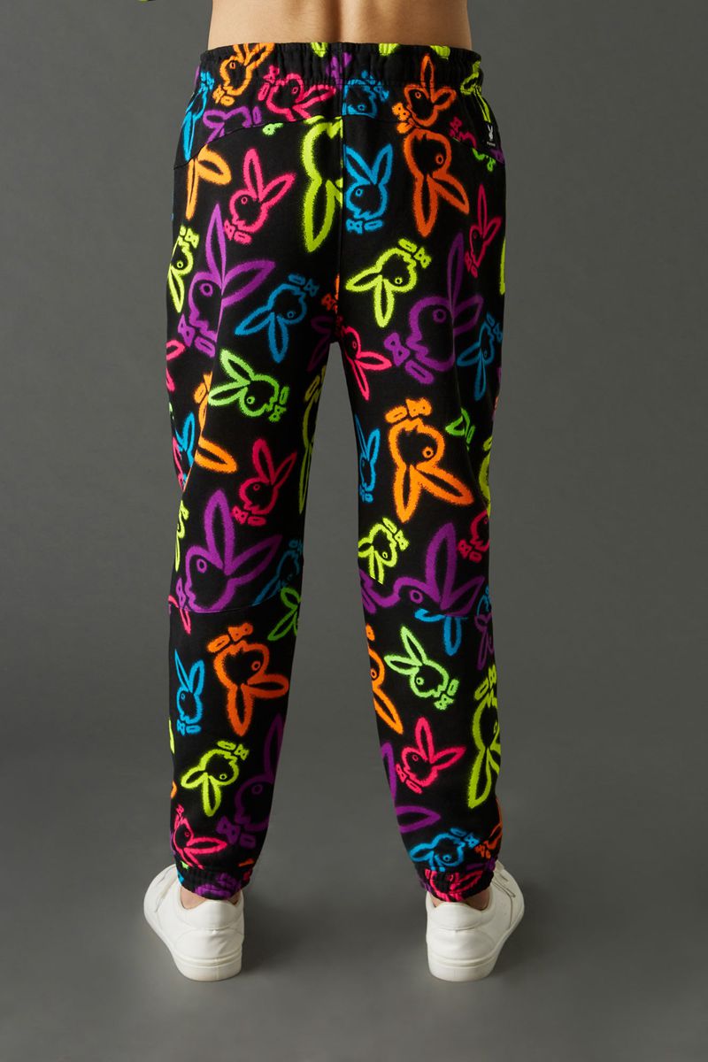 Playboy Neon Bunny Print Jogger Men's Sweatpants White | 513406GJF