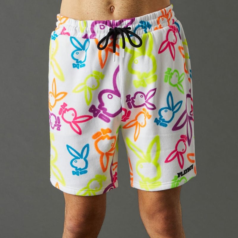 Playboy Neon Bunny Print Men\'s Shorts White | 142365QRJ