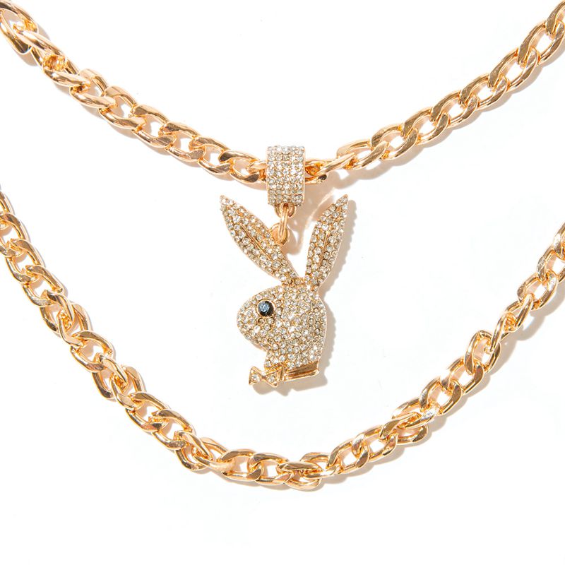 Playboy Pave Rabbit Head Layered Necklace Men's Jewelry Gold | 194703NCL