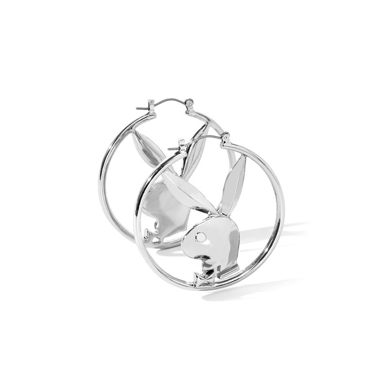 Playboy Rabbit Head Hoop Earrings Women's Jewelry Silver | 653274QIZ