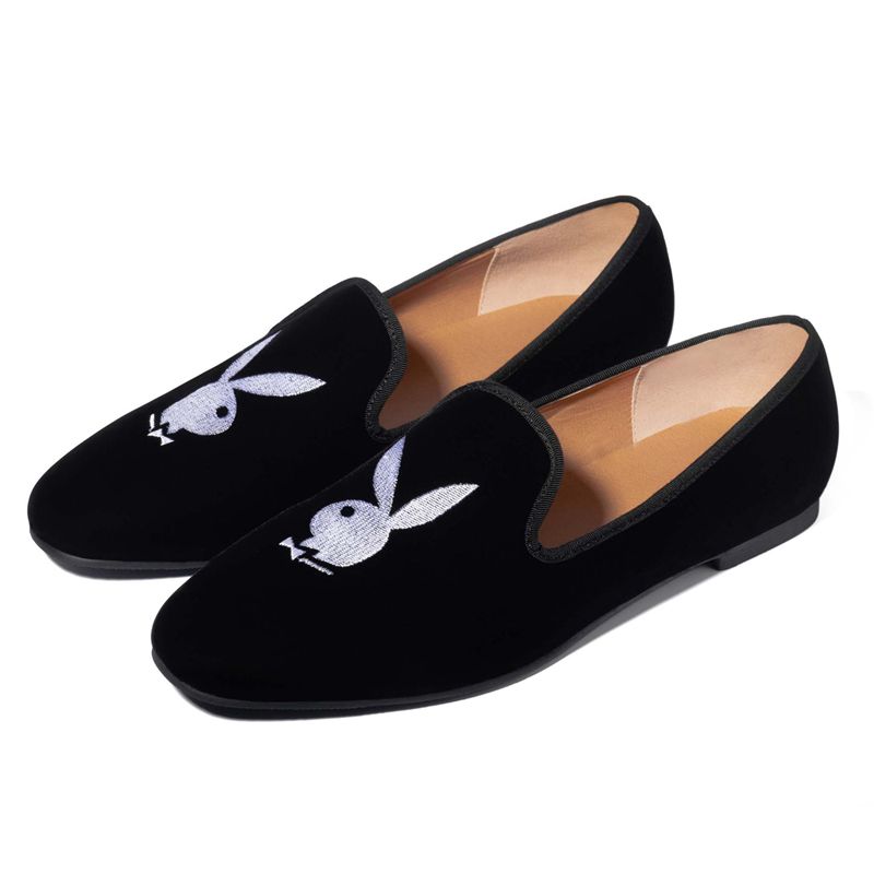 Playboy Rabbit Head Loafers Men\'s Shoes Black / White | 713628JLW