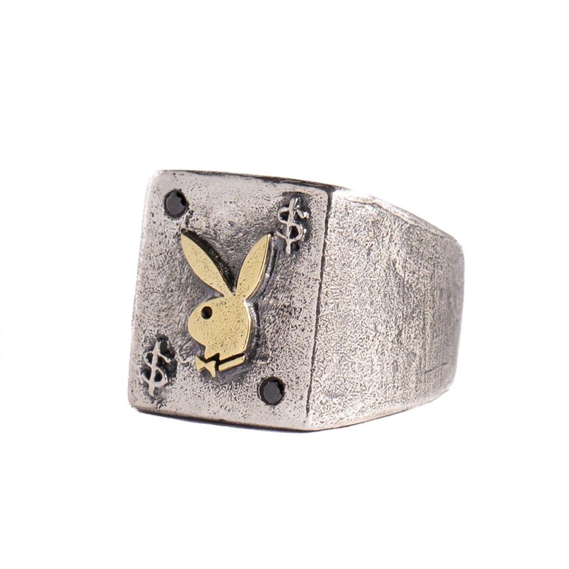 Playboy Rabbit Head Ring With Onyx Stones Men's Jewelry Mixed metal | 954028XMN