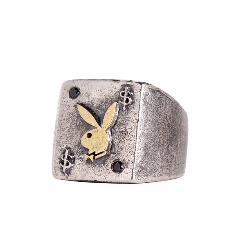 Playboy Rabbit Head Ring With Onyx Stones Men's Jewelry Mixed metal | 954028XMN