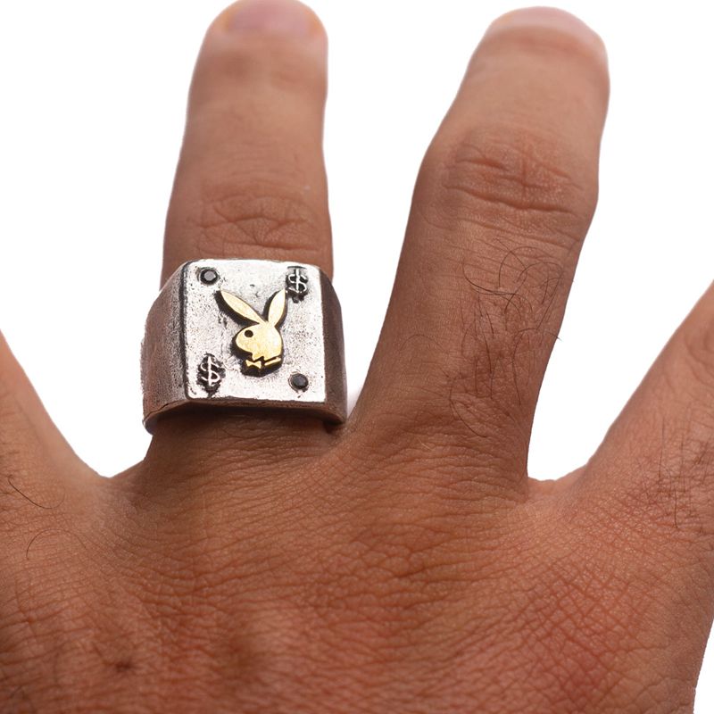 Playboy Rabbit Head Ring With Onyx Stones Men's Jewelry Mixed metal | 954028XMN