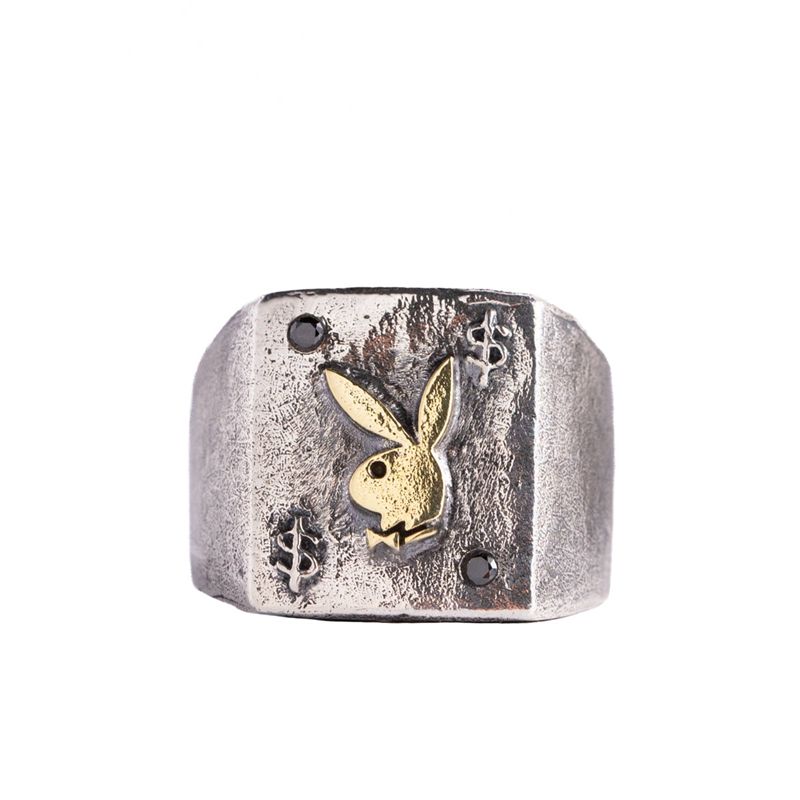 Playboy Rabbit Head Ring With Onyx Stones Men\'s Jewelry Mixed metal | 954028XMN