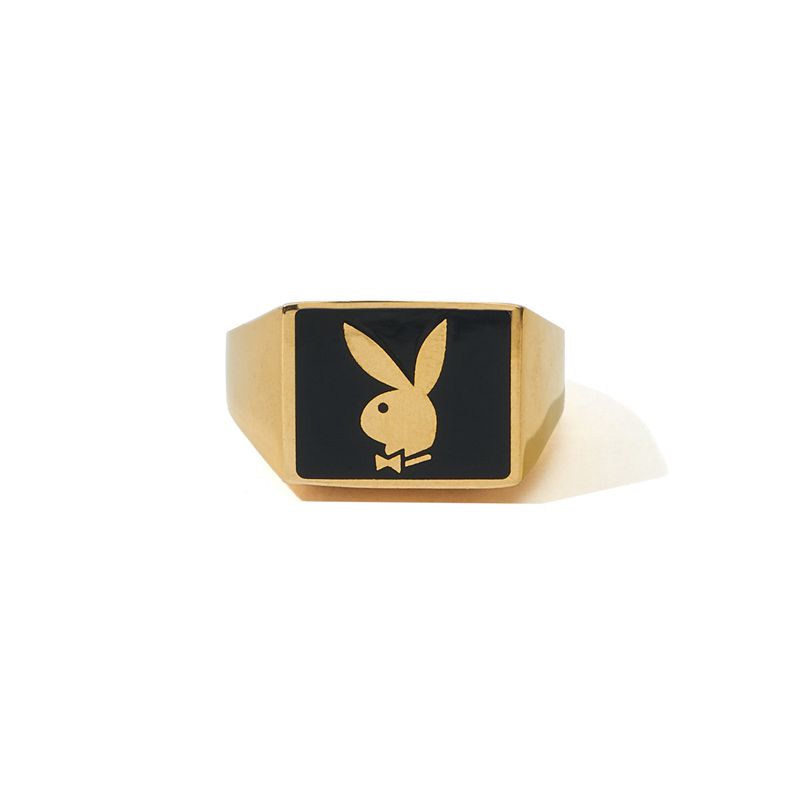 Playboy Rabbit Head Signet Member\'s Ring Men\'s Jewelry Gold | 317598GKJ