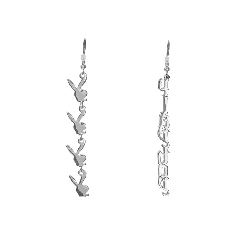 Playboy Repeating Rabbit Head & Masthead Dangle Earring Women's Jewelry Silver | 396284WAL