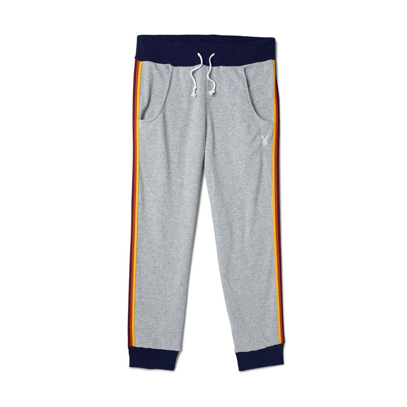 Playboy Road Trip Striped Warmup Sweats Men\'s Sweatpants Grey / Black | 847031PVU