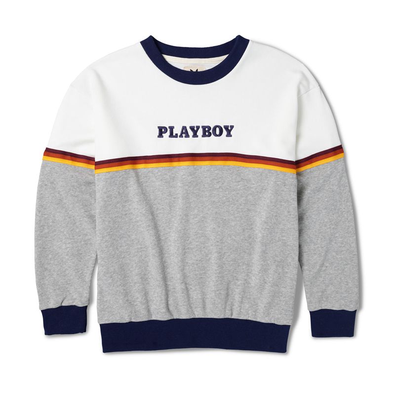 Playboy Roadtrip Striped Sweat Men\'s Shirts White / Grey | 471805IPX