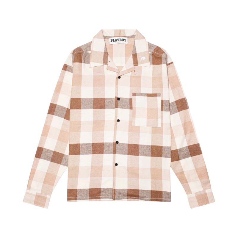 Playboy Slots Flannel Long Sleeve Men's Shirts Brown | 085617CDJ